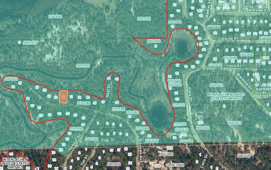 This is a map showing a highlighted land parcel within a residential subdivision — 254 BRUSSELS AVENUE, INTERLACHEN, FL