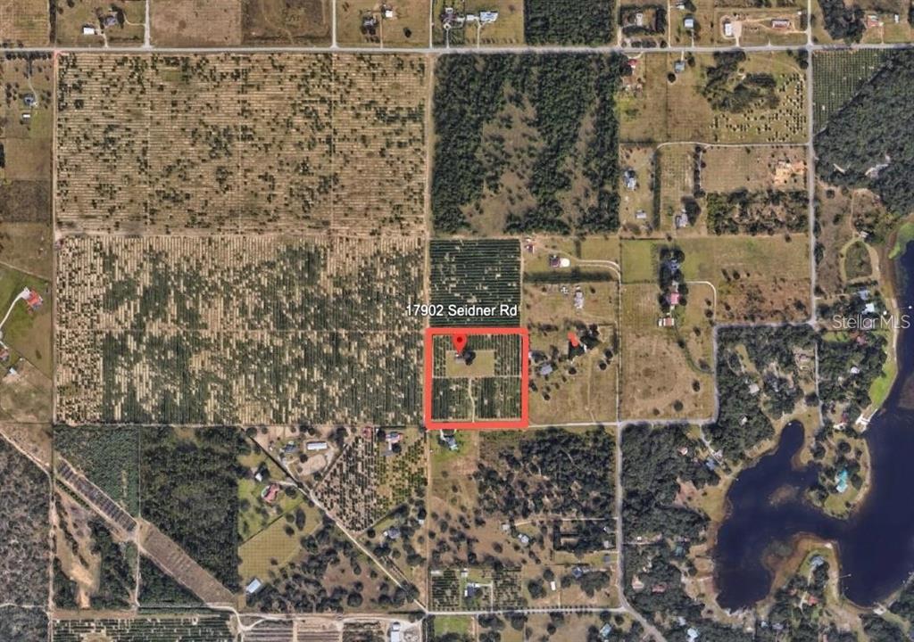 An aerial map view shows a rectangular property outlined in red surrounded by agricultural land — 17902 SEIDNER ROAD, WINTER GARDEN, FL