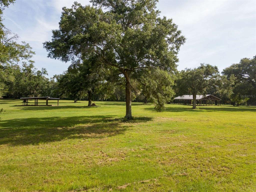 A large, grassy field features several mature oak trees and two open-air wooden structures — Lot 1 NW 94TH AVENUE, ALACHUA, FL