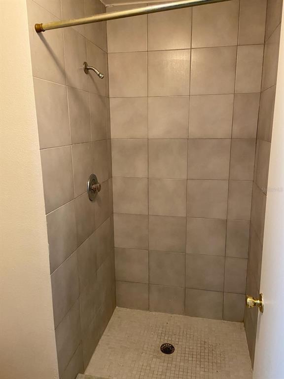 A tiled walk-in shower features a wall-mounted showerhead, a single handle, and a drain — 3149 HURON AVENUE, OLDSMAR, FL