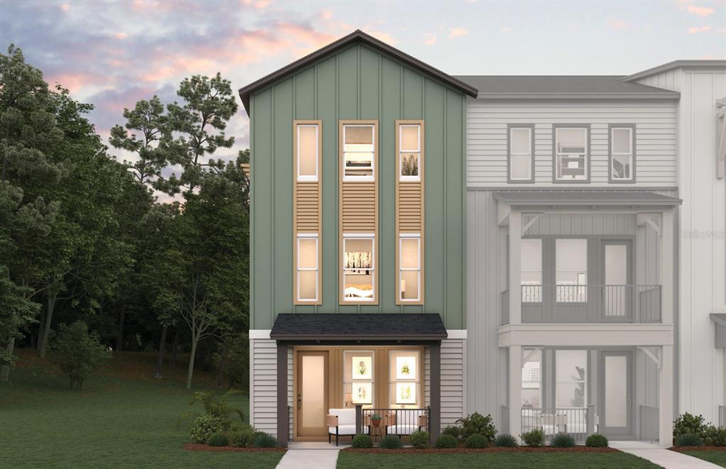 A digital rendering of a three-story townhome with green vertical siding and a front porch — 12146 ASHVIEW LANE UNIT 15-0087, JACKSONVILLE, FL