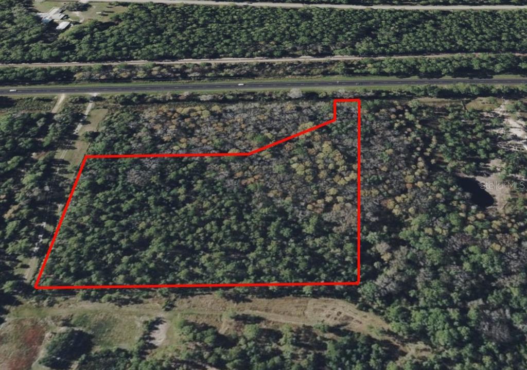 An aerial view shows a wooded, rectangular plot of land outlined in red near a highway — 000 S US HWY 17 HIGHWAY, PIERSON, FL