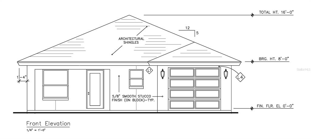 This is a front elevation architectural rendering of a single-story house with a stucco finish — 104 ROBERTS AVENUE, MULBERRY, FL