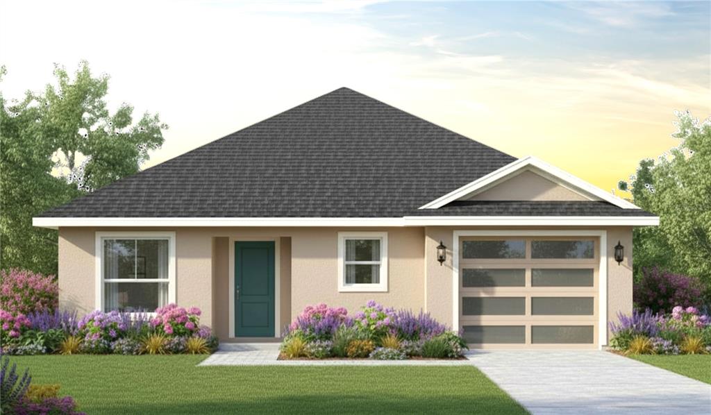 This is a front elevation architectural rendering of a single-story house with a stucco finish — 104 ROBERTS AVENUE, MULBERRY, FL