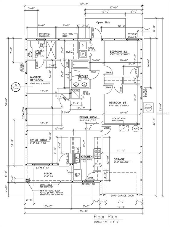 This floor plan shows a three-bedroom, two-bathroom home with an attached garage and front porch — 104 ROBERTS AVENUE, MULBERRY, FL