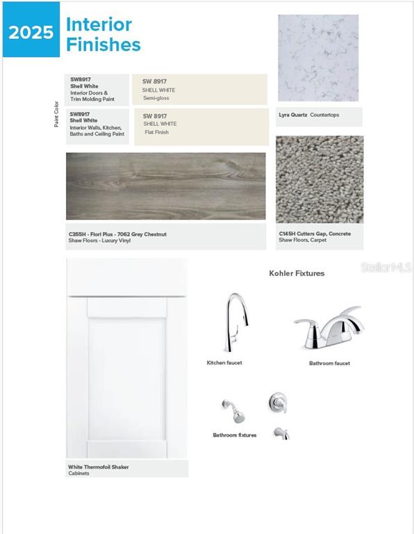 This interior finishes board displays paint colors, flooring, countertops, cabinetry, and fixtures for a home — 3416 E ROGERS, INVERNESS, FL