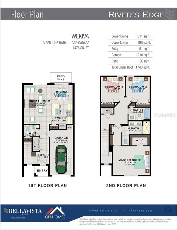 This floor plan shows a two-story home with three bedrooms, 2.5 bathrooms, and a garage — 1370 CAPTIVA COVE, SANFORD, FL