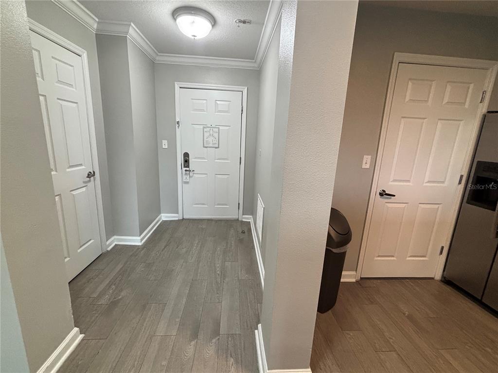 An entryway features gray wood-look flooring, light gray walls, and three white paneled doors — 14501 GROVE RESORT AVENUE UNIT 1420, WINTER GARDEN, FL