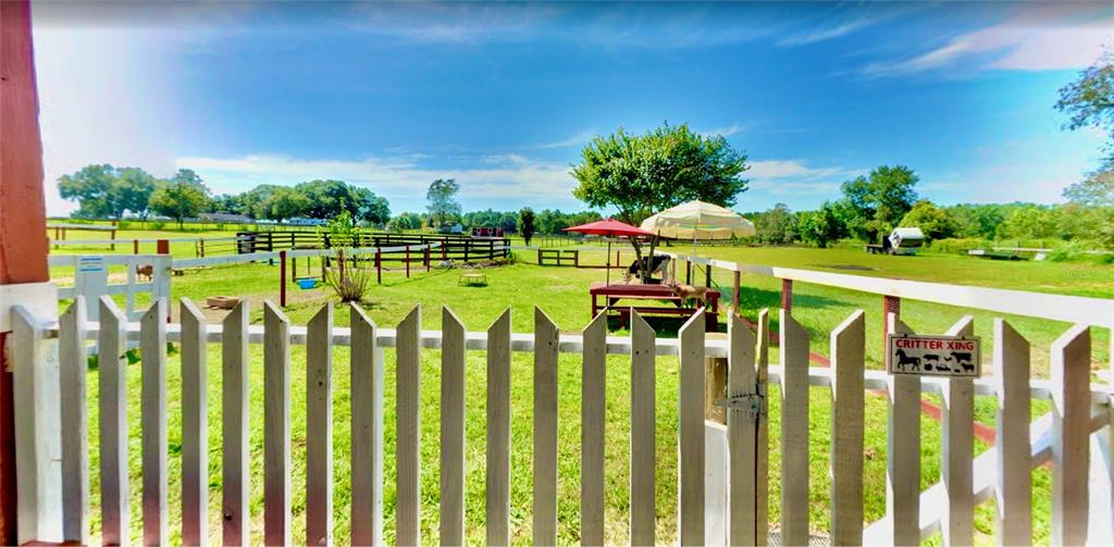 A white picket fence encloses a grassy pasture with a picnic table and umbrellas — 11150 W HIGHWAY 40, OCALA, FL