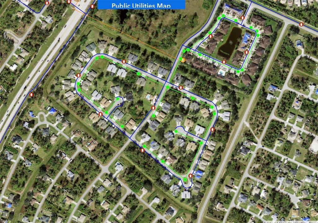 This is an aerial map showing utility lines and infrastructure overlaid on a residential neighborhood — HEDGEWOOD CIRCLE, NORTH PORT, FL