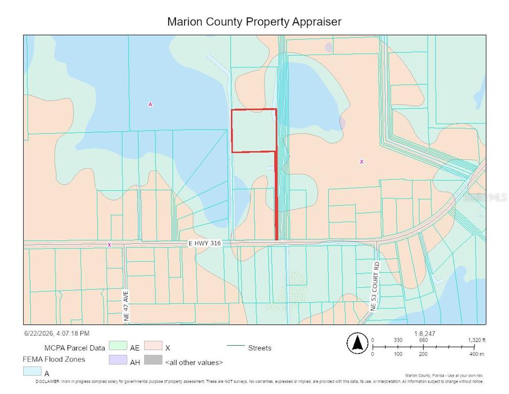 This is a map from the Marion County Property Appraiser showing parcel boundaries and flood zones — 5077 E HIGHWAY 316, CITRA, FL
