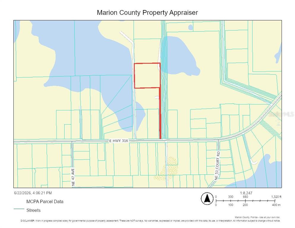 This is a property map showing a parcel of land outlined in red near E Hwy 316 — 5077 E HIGHWAY 316, CITRA, FL