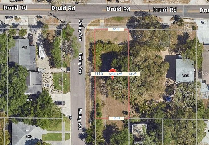This is an aerial map showing a rectangular vacant lot with dimensions and square footage — 1001 DRUID ROAD E, CLEARWATER, FL