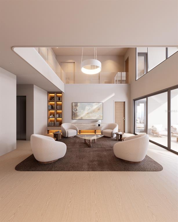 This is a rendering of a modern living room with high ceilings and four armchairs — 817 BAY POINT DRIVE, MADEIRA BEACH, FL