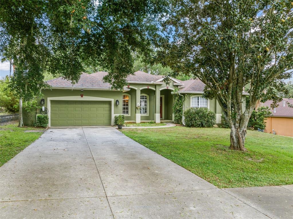 A single-story house with a green exterior, a two-car garage, and a concrete driveway — 428 SHADY PINE COURT, MINNEOLA, FL