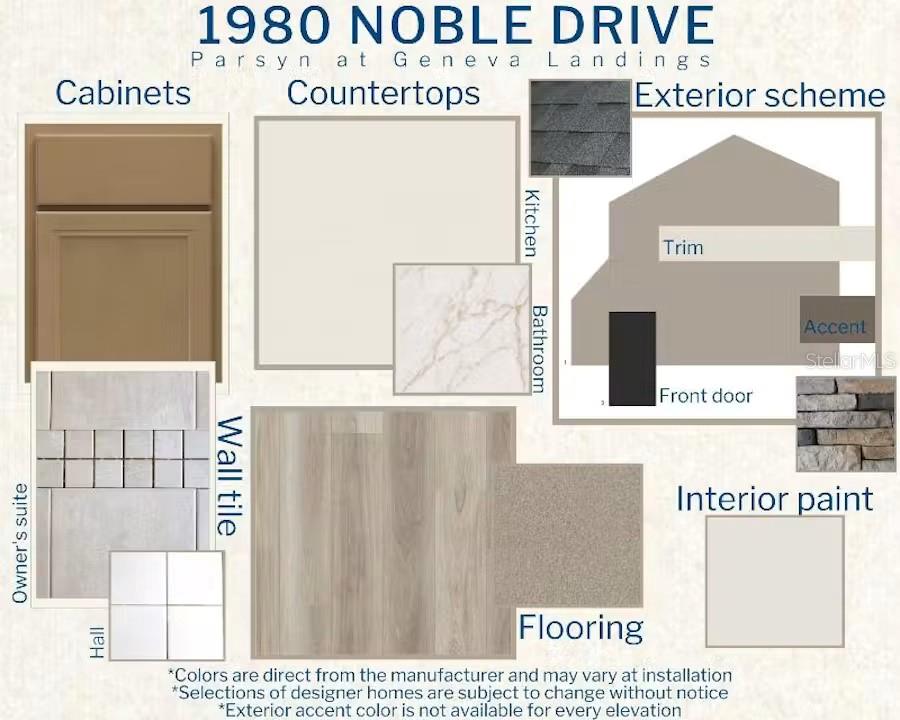 This design board displays material and color selections for a home's interior and exterior finishes — 1980 NOBLE DRIVE, DAVENPORT, FL