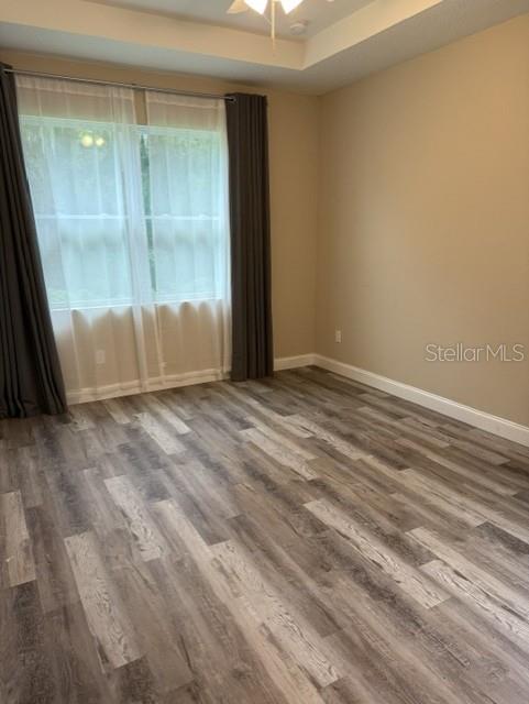 An empty bedroom features wood-look flooring, a tray ceiling, and dark curtains over a window — 540 LINDSAY ANNE COURT, PLANT CITY, FL