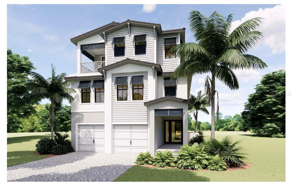 This is a digital rendering of a three-story house with two garages and a balcony — 5375 CALLE FLORIDA, SARASOTA, FL