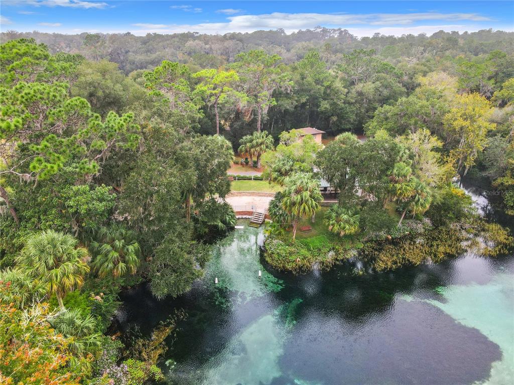 An aerial view of a house nestled in a dense forest beside a natural spring — 19126 SW 101ST STREET, DUNNELLON, FL