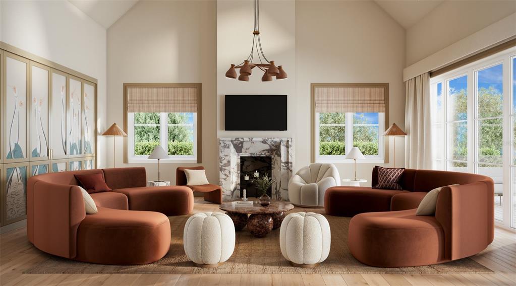 This rendering shows a living room with curved rust-colored sofas, a marble fireplace, and chandelier — 18381 SPLIT RAIL RD, BROOKSVILLE, FL