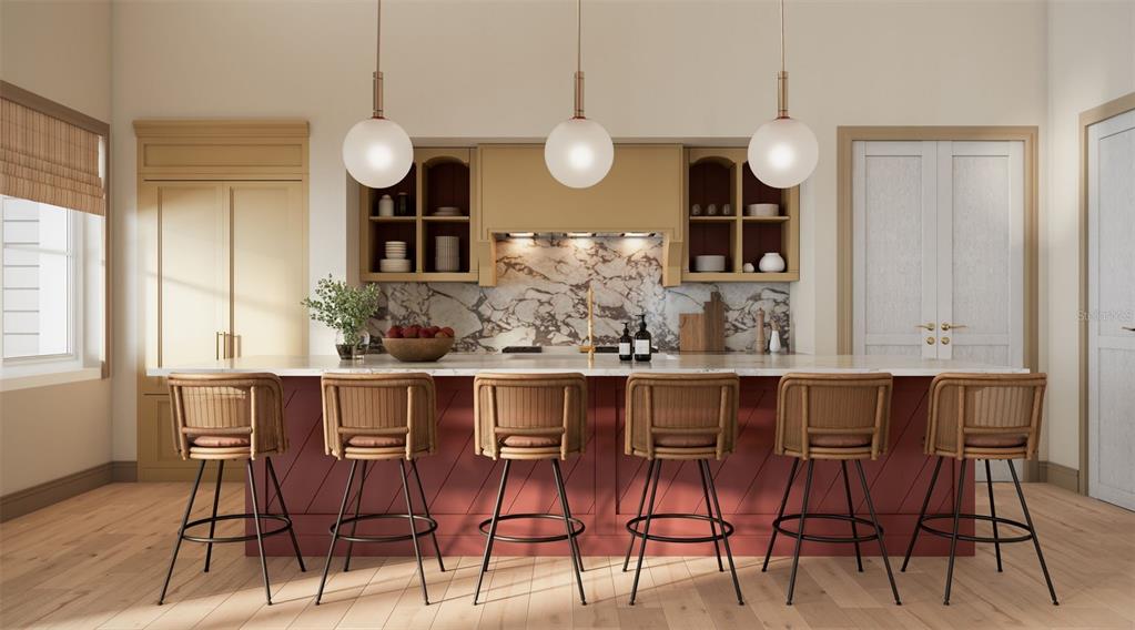 This is a rendering of a kitchen featuring a red island, bar stools, and marble backsplash — 18381 SPLIT RAIL RD, BROOKSVILLE, FL