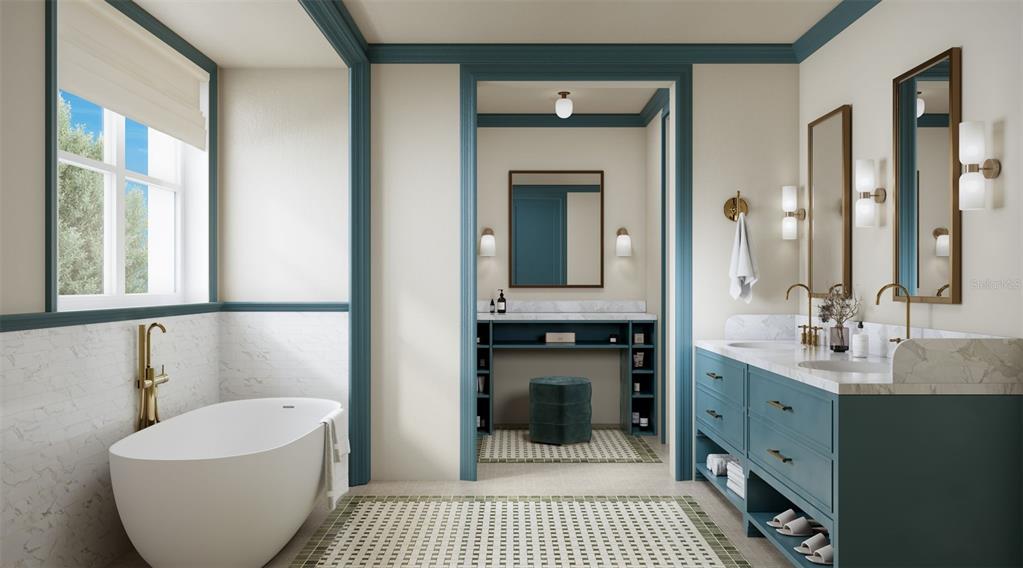 This is a rendering of a bathroom featuring a soaking tub, dual vanity, and teal cabinetry — 18381 SPLIT RAIL RD, BROOKSVILLE, FL