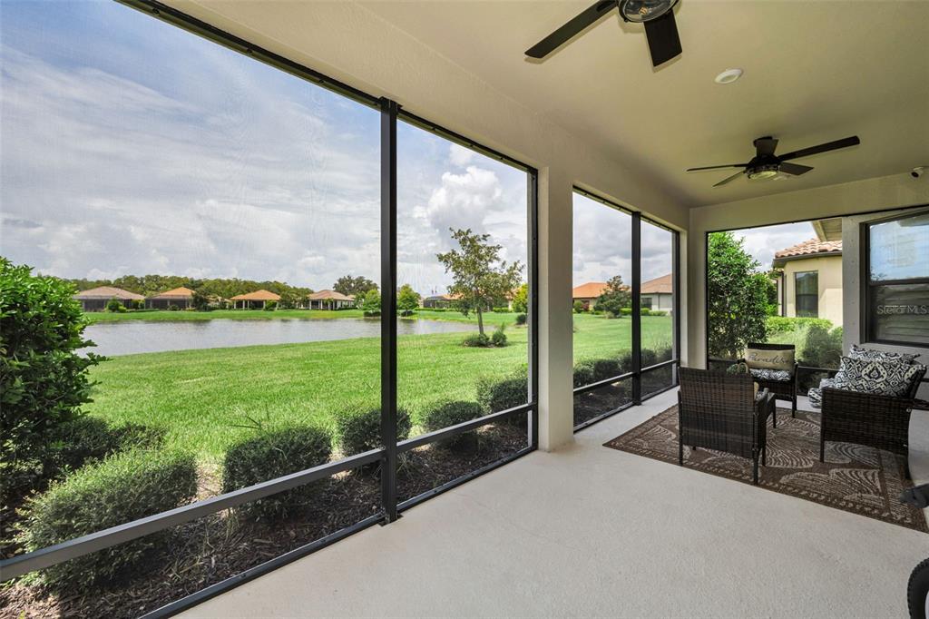 A screened-in patio overlooks a grassy lawn and a pond with houses in the distance — 11386 JUGLANS DRIVE, ODESSA, FL