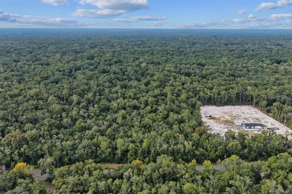 An aerial view shows a cleared lot with a small house surrounded by dense forest — NE 206TH AVENUE, OLD TOWN, FL