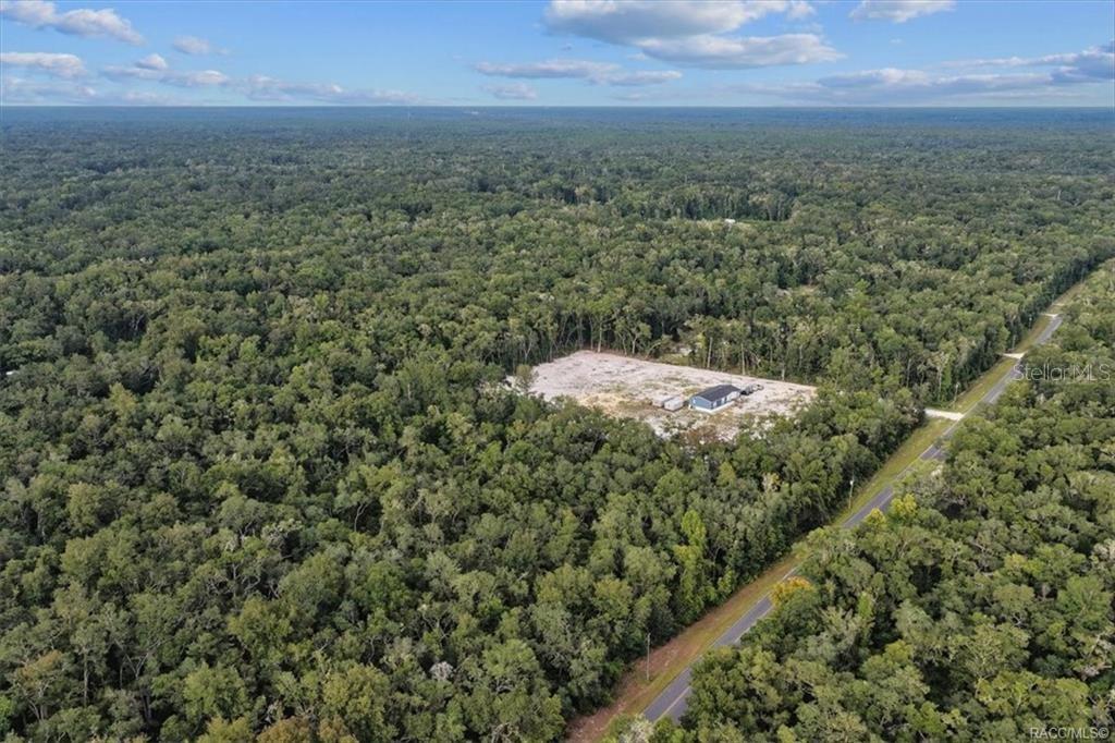 An aerial view shows a cleared lot with a small building surrounded by dense forest — NE 206TH AVENUE, OLD TOWN, FL