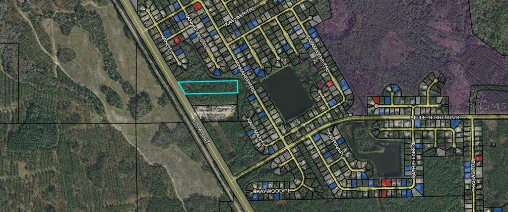 This is a satellite map showing a rectangular plot of land outlined in blue — 2180 S US-1, BUNNELL, FL