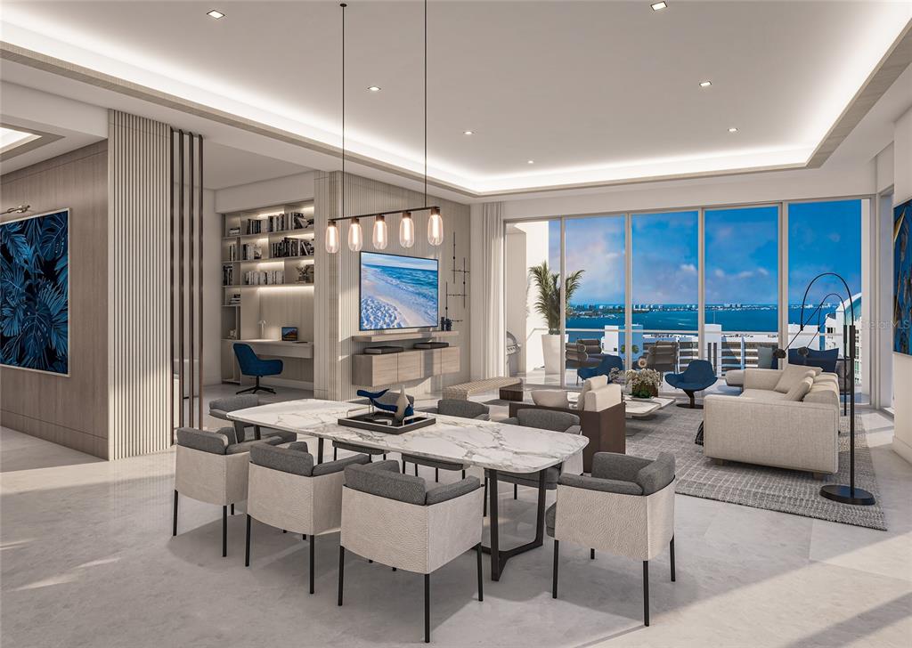 This rendering shows a modern open-concept living and dining area with floor-to-ceiling windows overlooking water — 555 QUAY COMMONS UNIT 1704, SARASOTA, FL