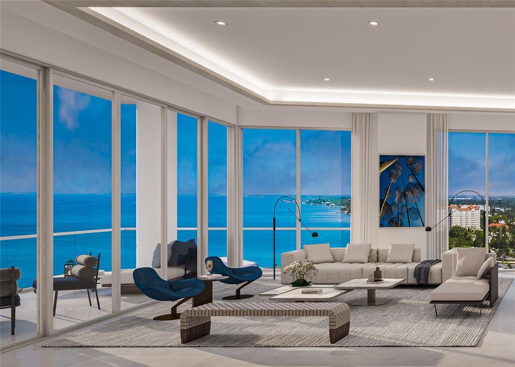 This rendering shows a modern living room with floor-to-ceiling windows overlooking the ocean — 555 QUAY COMMONS UNIT 1704, SARASOTA, FL
