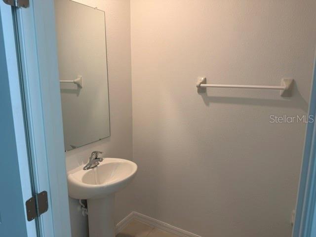 A small bathroom features a white pedestal sink, a wall-mounted mirror, and a towel bar — 6259 BACK FORTY LOOP, ZEPHYRHILLS, FL