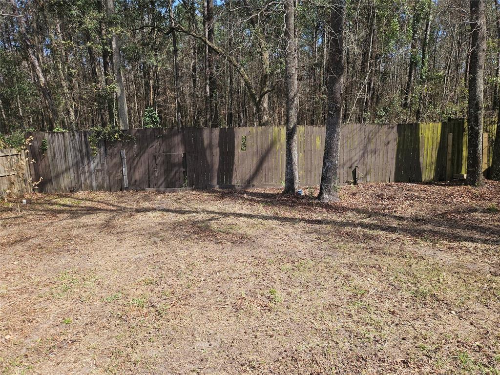 A backyard features a wooden privacy fence backed by a dense forest of trees — 8033 MACDOUGALL DRIVE E, JACKSONVILLE, FL