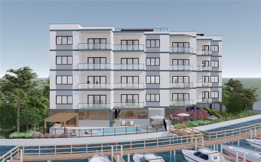 This is a digital rendering of a modern multi-story apartment building with a waterfront pool — 211 SKIFF POINT UNIT 4B, CLEARWATER, FL