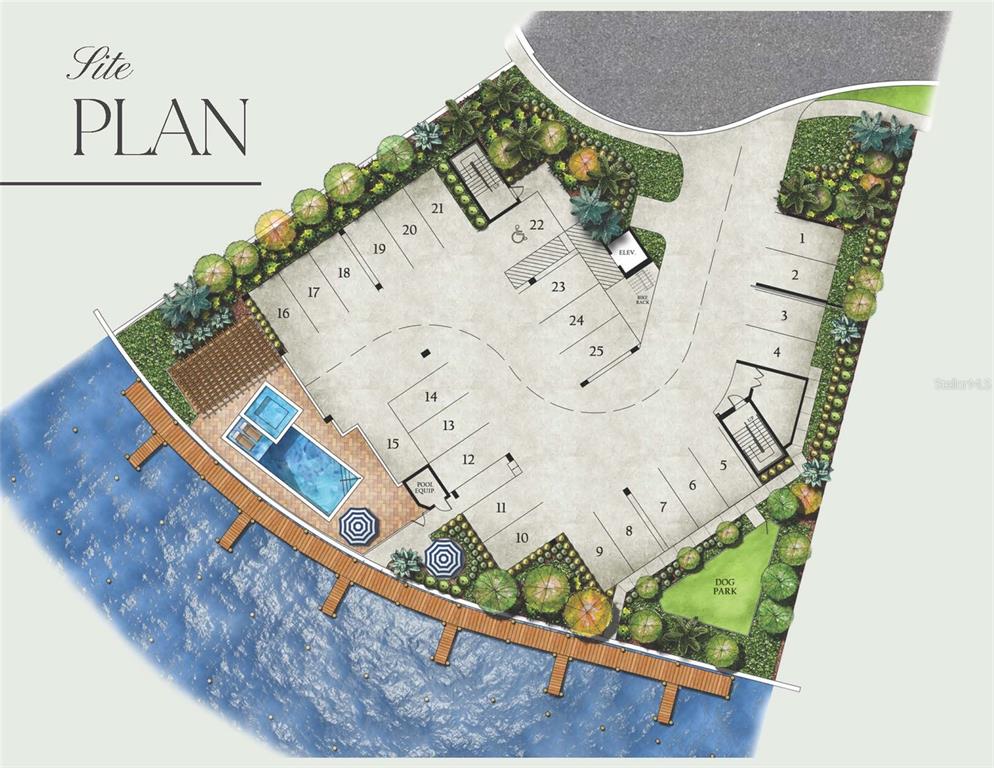 This site plan rendering shows a waterfront property layout with parking spaces, a pool, and a dock — 211 SKIFF POINT UNIT 4B, CLEARWATER, FL