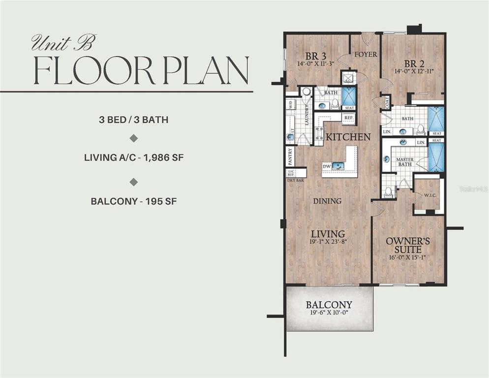 This is a floor plan for a three-bedroom, three-bathroom residential unit with a balcony — 211 SKIFF POINT UNIT 4B, CLEARWATER, FL