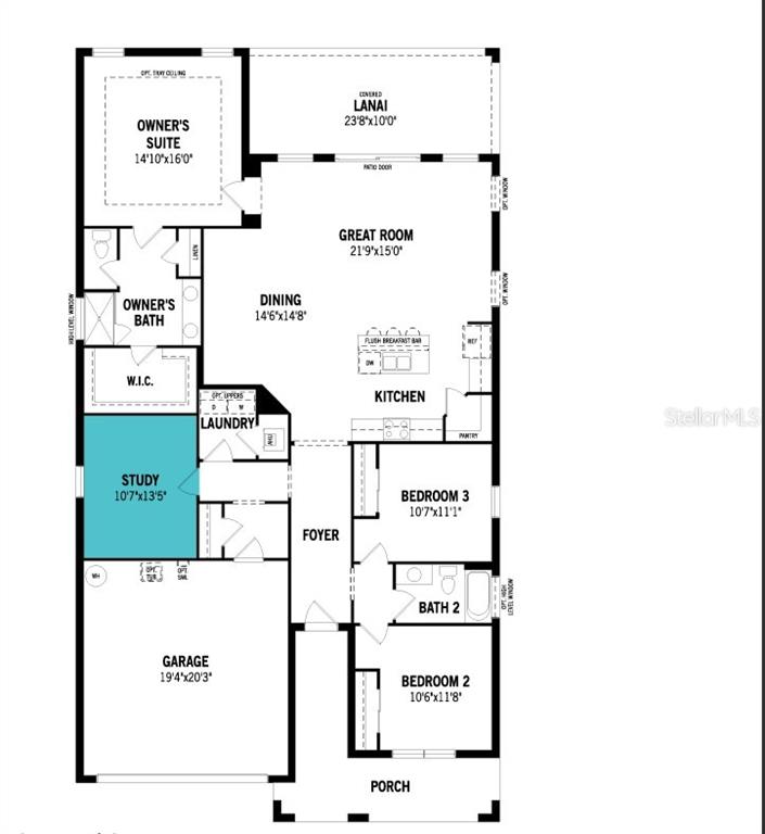 This is a floor plan for a single-story house featuring three bedrooms, a study, and garage — 34902 FLOWER PATCH DRIVE, DADE CITY, FL