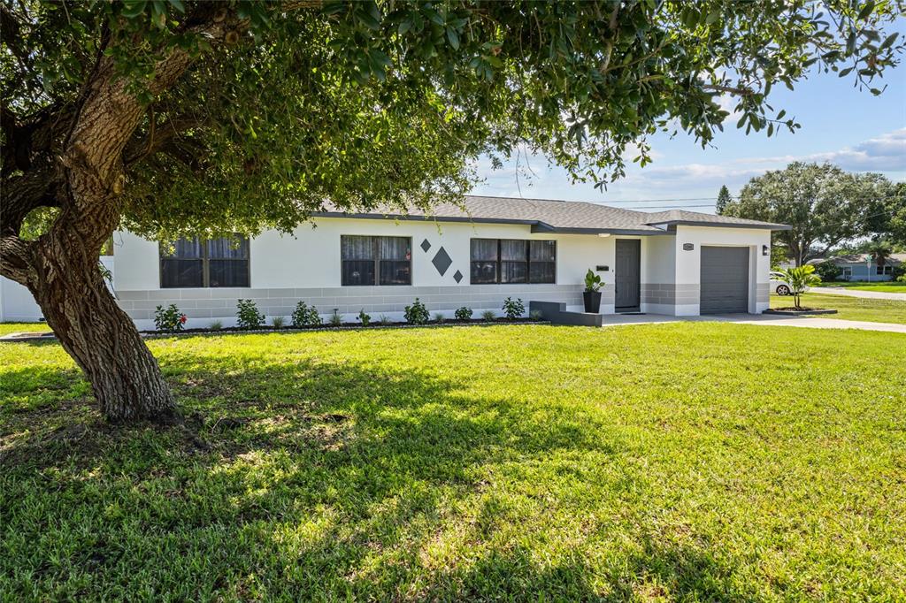 A single-story house with a white facade, gray trim, and a large tree in front — 1200 63RD AVENUE N, ST PETERSBURG, FL