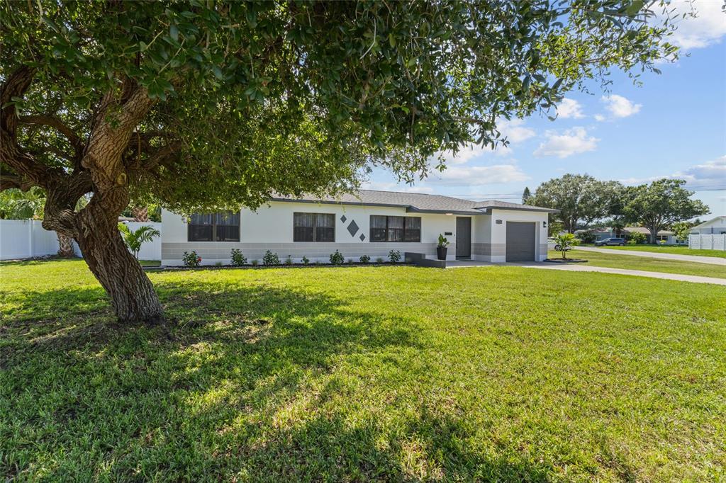 A single-story house with a white exterior, a gray roof, and a large tree in front — 1200 63RD AVENUE N, ST PETERSBURG, FL