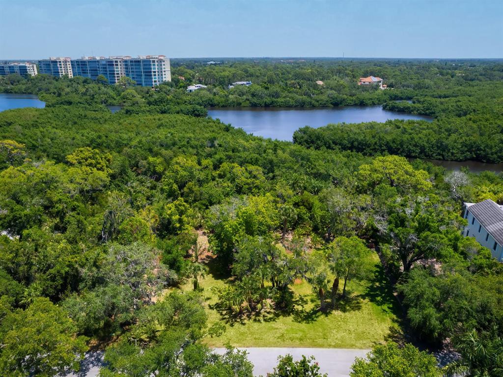 An aerial view shows a vacant, tree-covered lot bordering a lake and nearby residential buildings — 216 OSPREY POINT DRIVE, OSPREY, FL