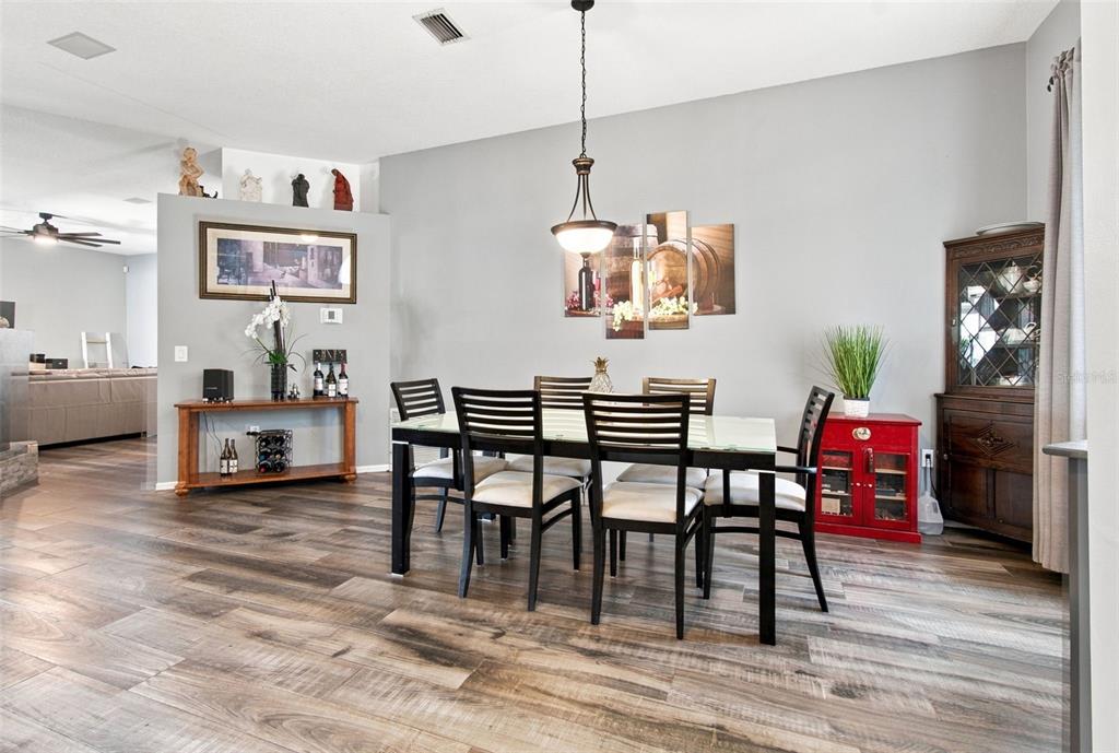 A dining room features a glass-top table, dark wood chairs, and wood-look tile flooring — 2244 GROVELAND DRIVE, LUTZ, FL