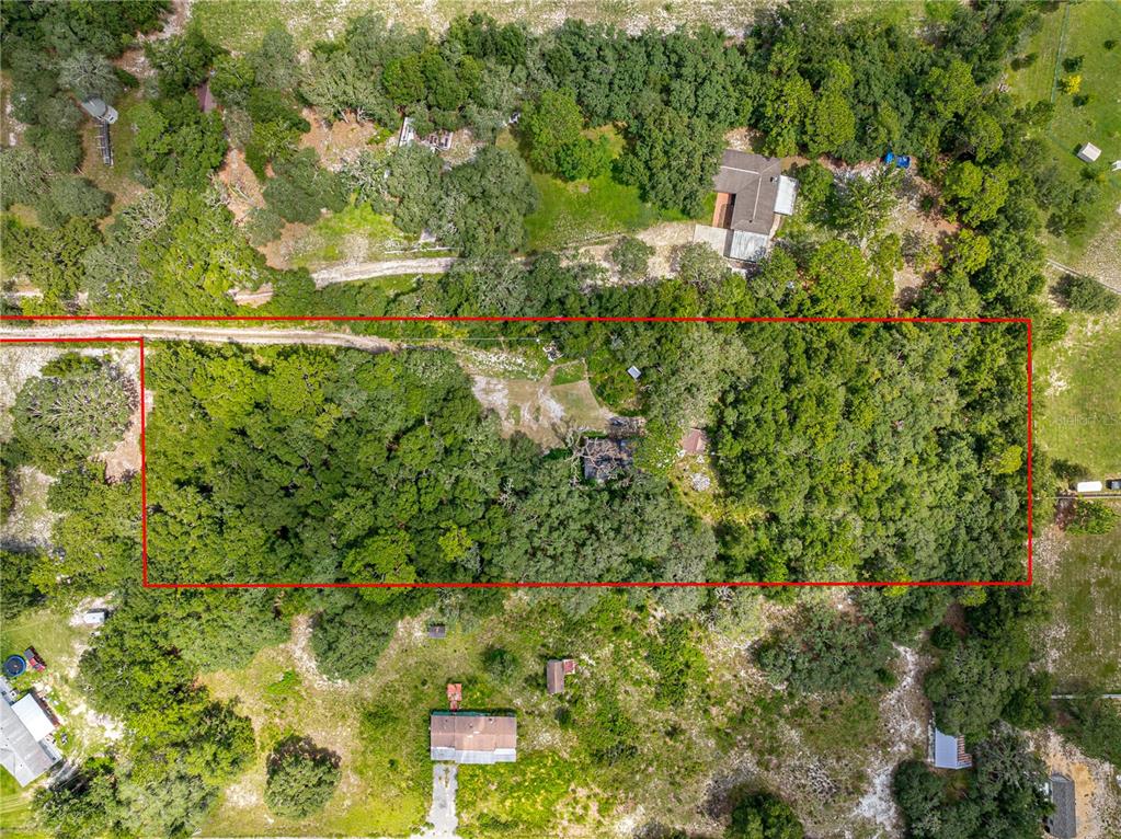 An aerial view shows a rectangular property lot outlined in red, featuring dense wooded areas — 585 NW 117TH COURT, OCALA, FL