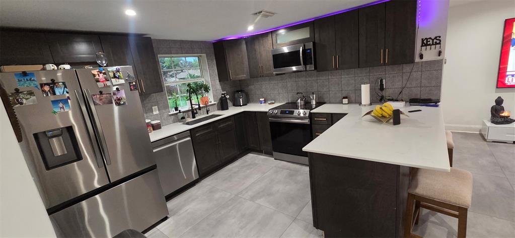 A modern kitchen features dark wood cabinets, stainless steel appliances, and a white quartz countertop — 146 MARSELLA ROAD, DEBARY, FL