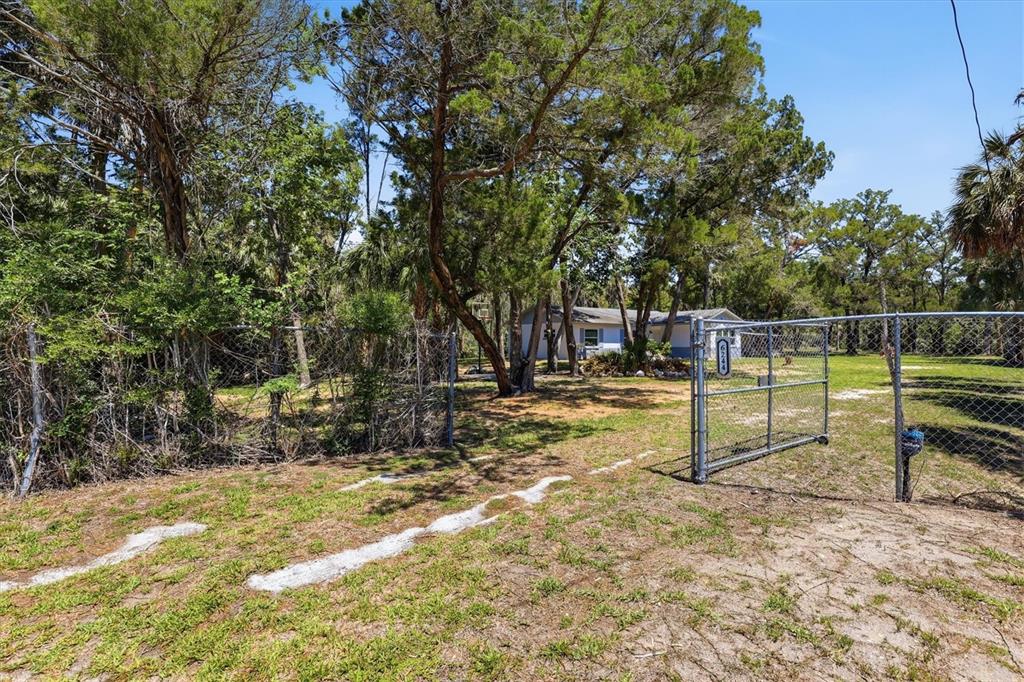 A chain-link fence and gate open to a yard with trees and a small house — 6240 COLONY CIRCLE, WEEKI WACHEE, FL