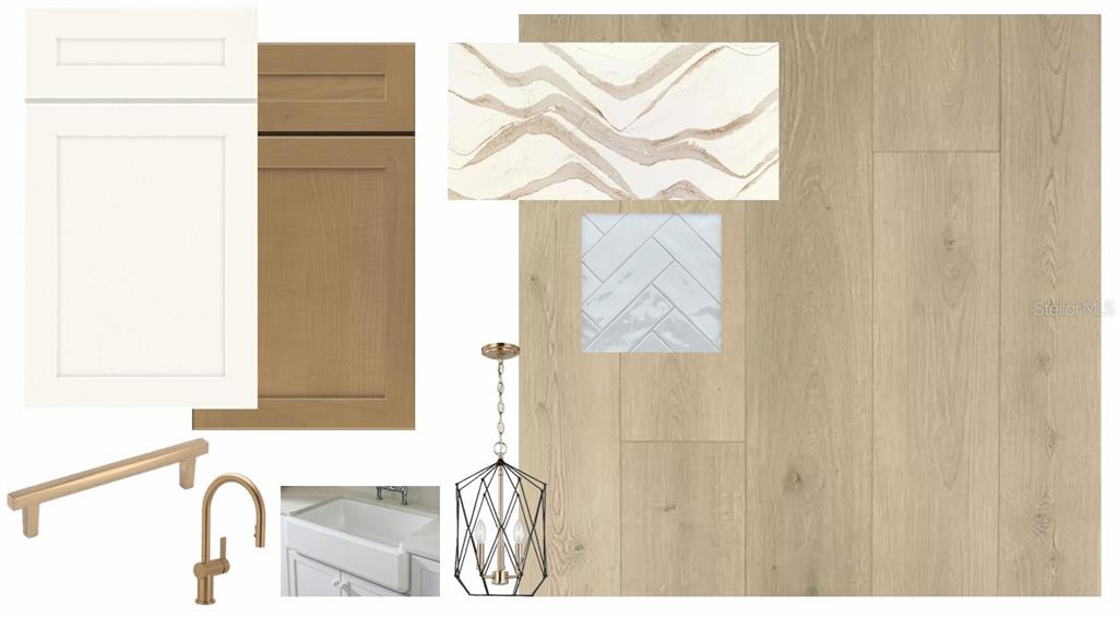 This design board displays kitchen finish samples including cabinetry, flooring, countertop, tile, and hardware — 811 W ORIENT STREET, TAMPA, FL