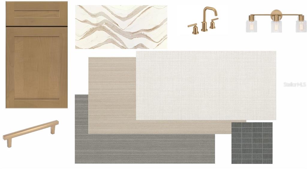This is a digital design board featuring wood cabinetry, stone countertops, gold fixtures, and tile samples — 811 W ORIENT STREET, TAMPA, FL
