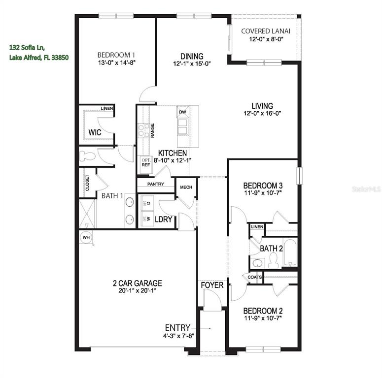 This is a floor plan for a three-bedroom house with a two-car garage — 132 SOFIA LANE, LAKE ALFRED, FL