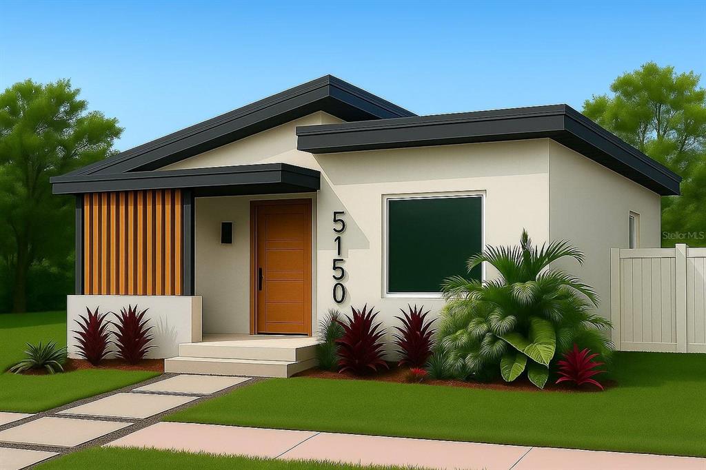 This is a digital rendering of a modern single-story house with a flat roof — 5150 DARTMOUTH AVENUE N, ST PETERSBURG, FL