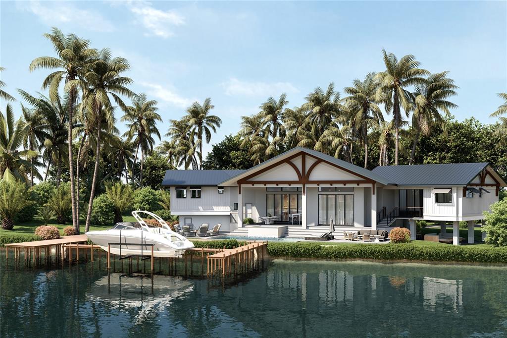 This is a rendering of a waterfront house with a boat dock and swimming pool — 7233 MIDNIGHT PASS ROAD, SARASOTA, FL